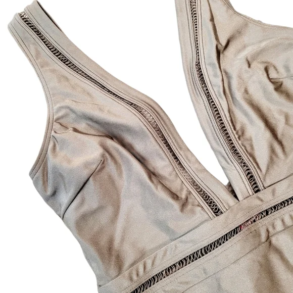 NWT Ted Baker Pointelle Deep V Plunge One Piece Swimsuit Khaki Green 8 - Picture 6 of 12